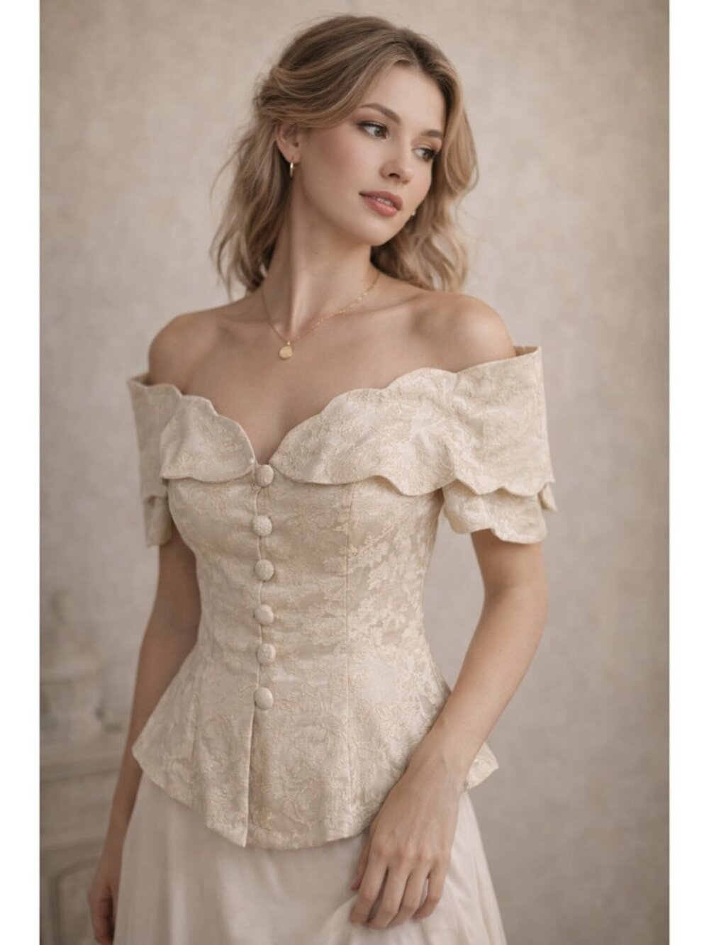 Vintage Hollywood Nites Ivory Brocade Peplum Top Off Shoulder Romantic XS S